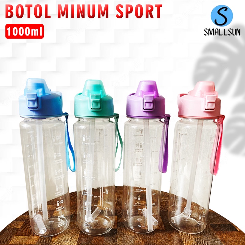 Botol Minum Viral Botol Motivasi 1 Liter Bening Stiker 3D Dengan Tali dan Sedotan