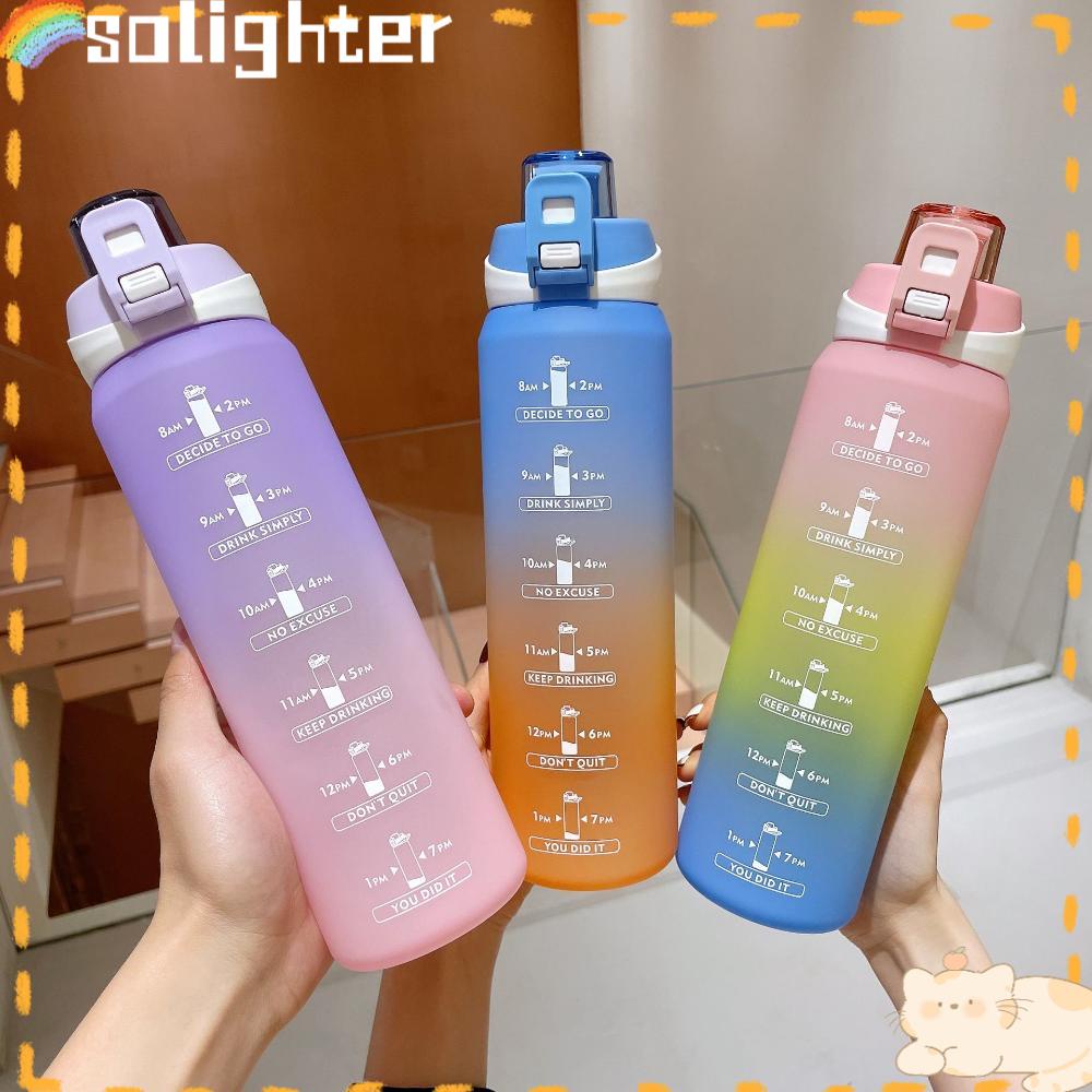 Solighter Botol Air Gradien Olahraga Kapasitas Besar Anti Bocor Bounce Tutup Pengingat Waktu Cangkir Minum