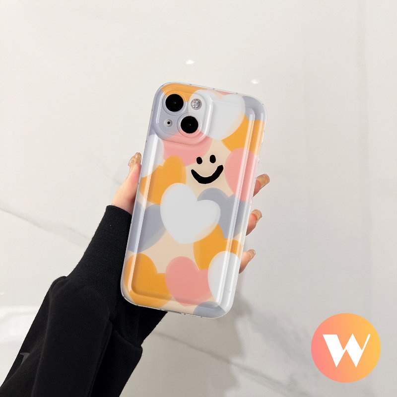 IPHONE Warna-warni Cinta Hati Shockproof Airbag Kartun Case Kompatibel Untuk Iphone11 12 14 13 Pro MAX XR X 6 6S 7 8 Plus XS MAX SE 2020 Pelindung Kamera Smiley Lucu Lembut TPU Back Cover