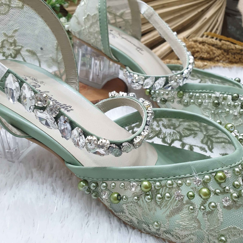 Sepatu wedding pesta cantik Lavanya hijau mint 5cm kaca
