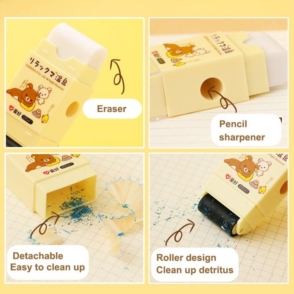 Mxbeauty 3in1 Pensil Sharpener Eraser Roller Kawaii Anak Perlengkapan Seni Alat Tulis Siswa Sekolah Alat Kantor Menggambar Sketsa Built-in Cleaning Roller