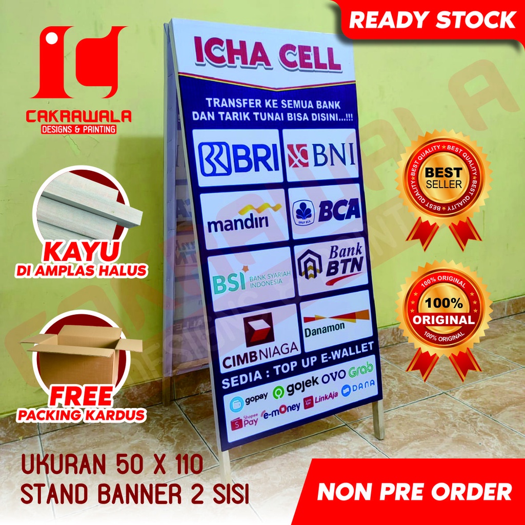 STAND BANNER KAYU KONTER CELL UKURAN 50 X 110 - STANDING BANNER KAYU - SEGITIGA BANNER KAYU - SEGITI