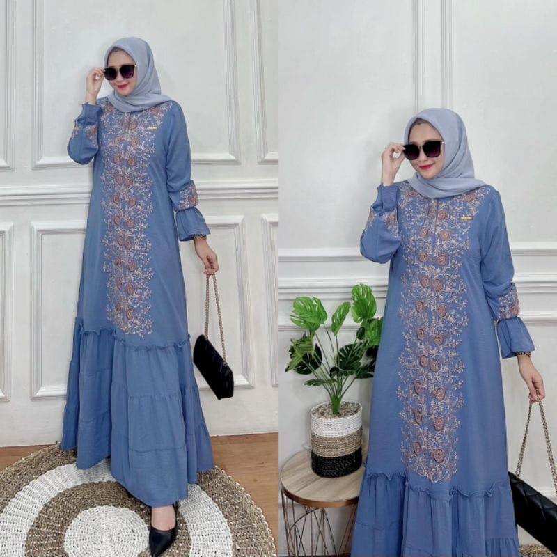 Syamila Dress Bordir Mat Airflow Crinkle Mix Bordir Timbul Premium / Baju Muslim Aplikasi Bordir Terbaru / Kancing Depan Busu