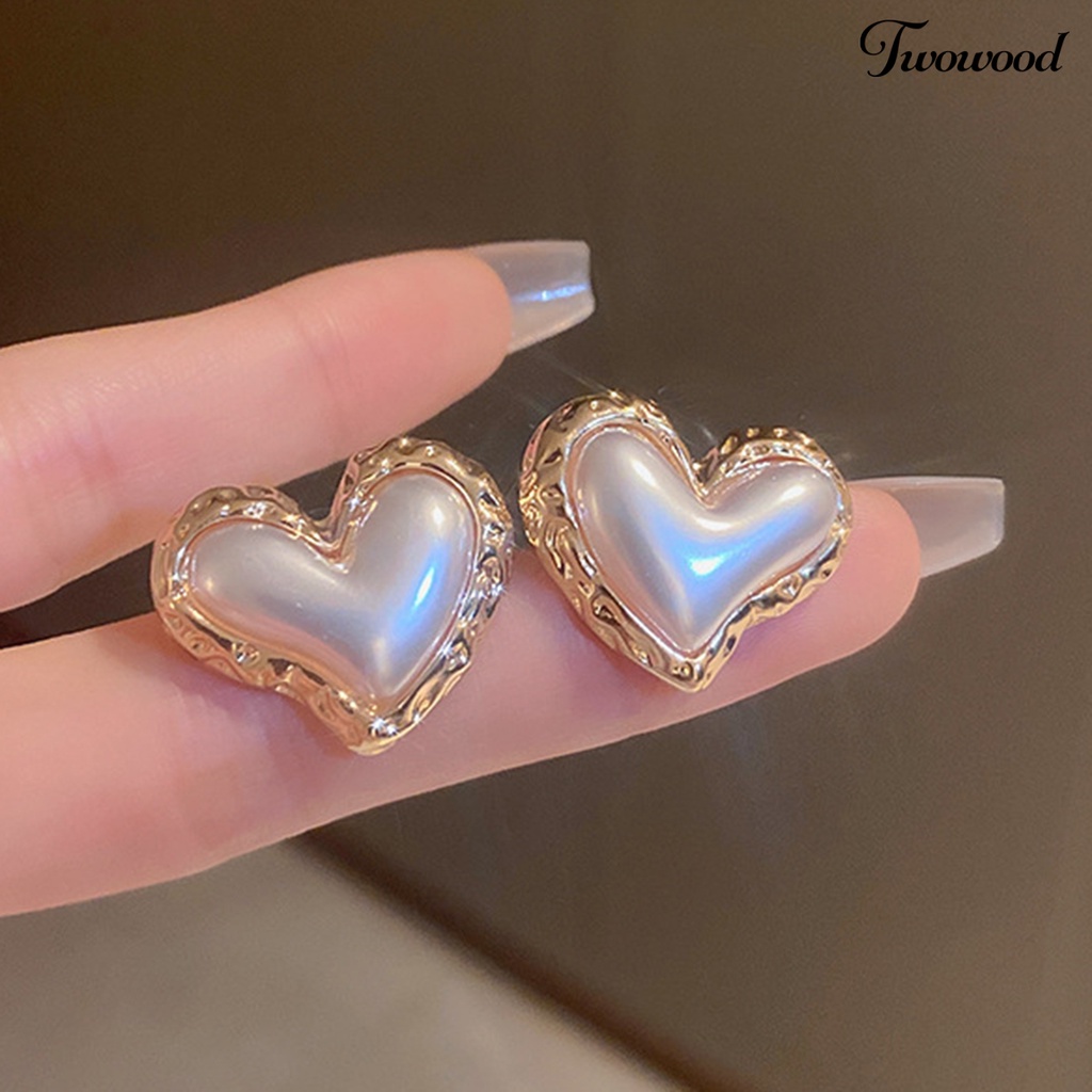 Twowood Women Ear Studs Gradient Heart-Berbentuk Cahaya Mewah Perak Wanita Kepribadian Fashion Faux Pearl Stud Earrings Pakaian Sehari-Hari