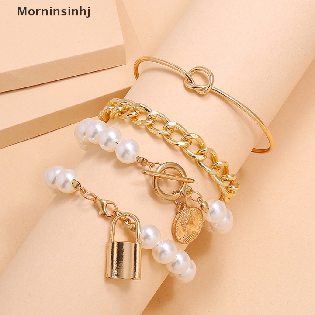 Mornin 4 Pcs Bohemian Multilayer Rumbai Mutiara Gelang Untuk Wanita Geometris Bulat Koin Manik-Manik Kunci Tangan Rantai Pesona Gelang Set Perhiasan Hadiah id