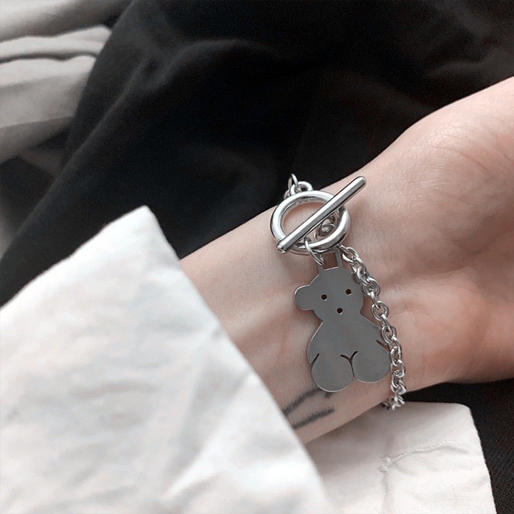 Harajuku Bear Gelang ins Trendi Keren Sederhana Lucu Hip Hop Pasangan Gadis Mahasiswa Unik All-Match Gelang Baja Titanium