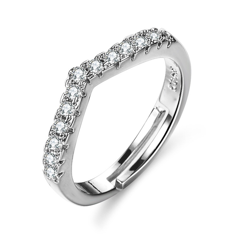 Goldkingdom Fashion Perhiasan Aksesoris Ready Stock V Bentuk Sederhana Guardian Baris Cincin Zirkon Mosang Cahaya Mewah Stack Memakai Adjustable Ring Female
