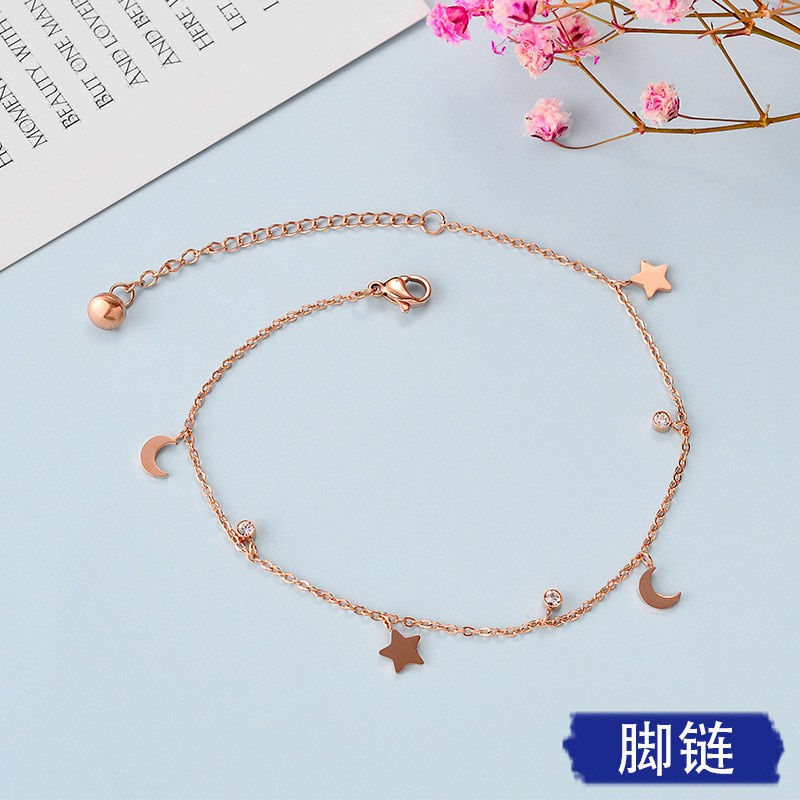 Gelang Kaki Bahan Titanium Steel 18k Warna Rose Gold Desain Bulan Bintang Gaya Korea Jepang Untuk Wanita