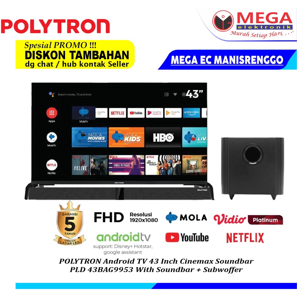 POLYTRON SMART ANDROID TV PLD 43BAG9953 CINEMAX SOUNDBAR 43 INCH LED TV POLYTRON PLD43BAG9953 FULL HDTV