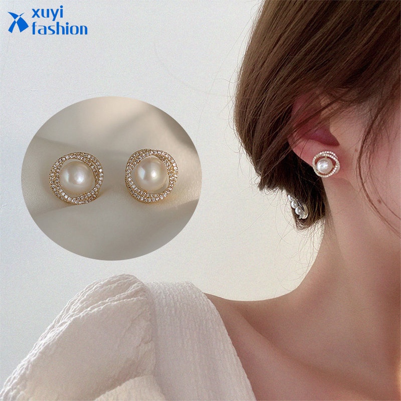 Anting Tusuk Emas Mewah Untuk Wanita Mutiara Kristal Spiral Earring Fashion Aksesoris Perhiasan