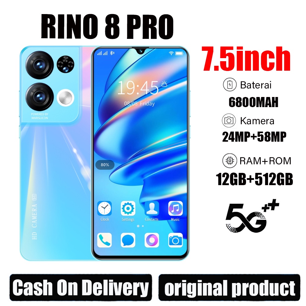 【Ponsel murah COD】 hp murah Rino8 PRO+ Handphone Asli 7.5Inci 12GB RAM+512GB ROM HD Kamera Dual SIM Dual 5G WiFi Smartphone Bisa  murah HP