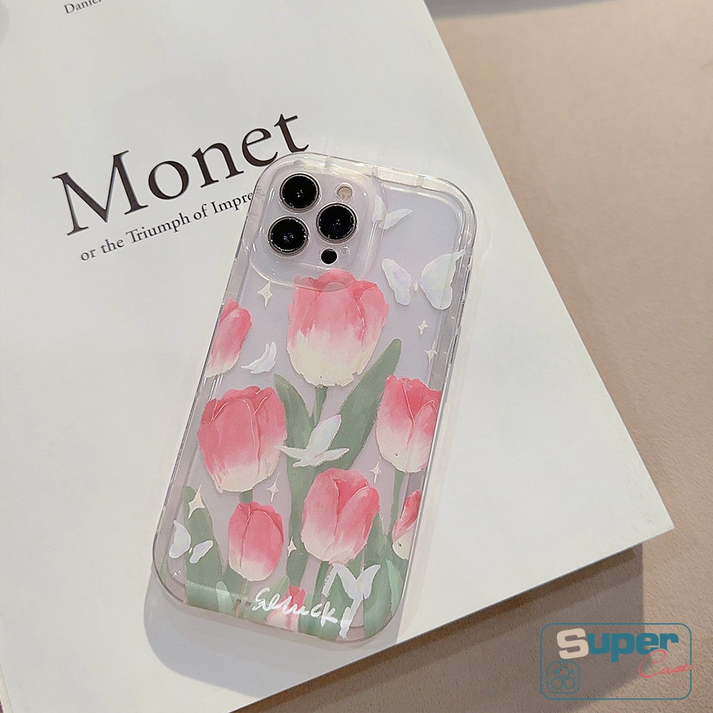 IPHONE Shockproof Airbag Phone Case Kompatibel Untuk Iphone14 13 Pro Max7 8 Plus 11 12 Pro MAX XR X6 6S PlusX XS MAX Fashion Segar Musim Semi Bunga Tulip Kupu-Kupu Soft TPU Case