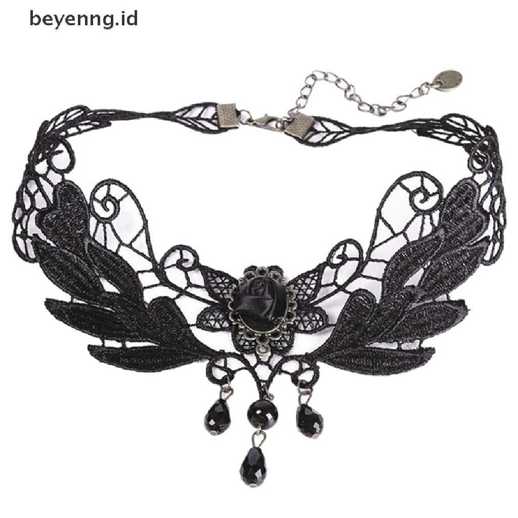 Beyen Baru Wanita Hitam Mawar Teardrop Manik Liontin Renda Choker Lolita Kerah Kalung ID