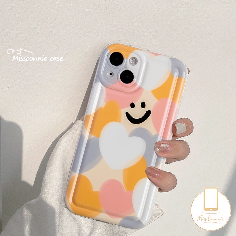 IPHONE Case Cinta Hati Warna-Warni Kompatibel Untuk Iphone11 14 13 12 Pro Max6 7 8 6S Plus XR X XS MAX SE 2020 Kartun Lucu Smiley Pelindung Kamera Lembut TPU Shockproof Airbag Silicon Cover
