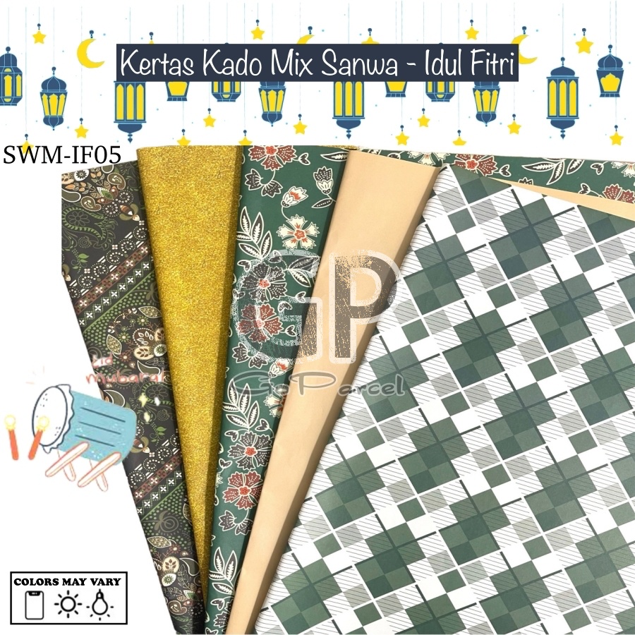 ( 5 Lembar 5 Motif ) IDUL FITRI SANWA MIX - KERTAS KADO IDUL FITRI LEBARAN SANSAN WAWA - GIFT WRAPPING MOTIF IDUL FITRI ISLAMI GREEN