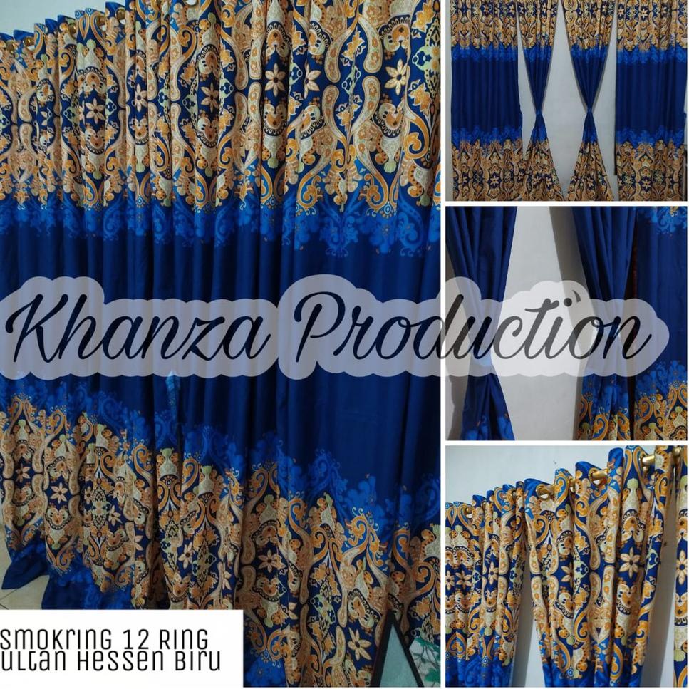 ✿ Jual Gorden Hordeng Smokring 12 Ring 6 Gelombang Bisa Jendela Motif Sultan Batik Biru ♔