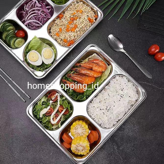 ● Piring Makan /Tempat makan kotak 4 Sekat 100% Stainless Steel ➭