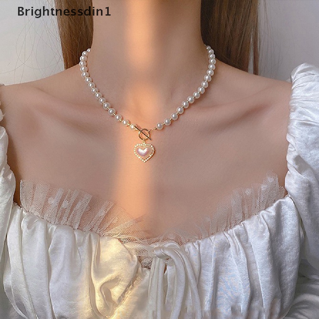 [Brightnessdin1] Mutiara Manik-Manik Kalung Sederhana Manis OT Gesper Rantai Klavikula Jantung Tergantung Kalung Untuk Wanita Wanita Trendi Mutiara Rantai Chokers Necklaces Fashion Perhiasan Butik