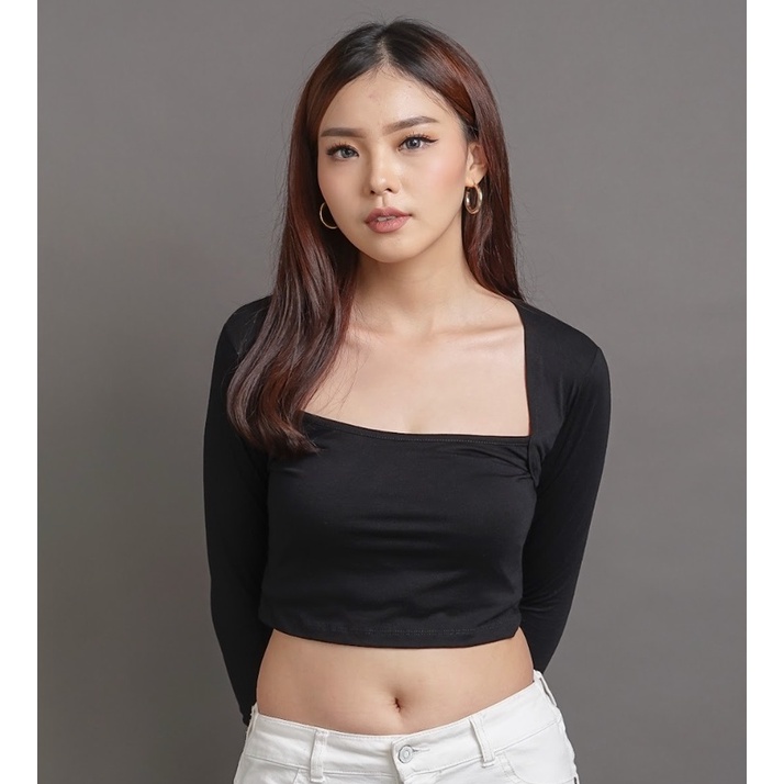 CAVALU Korean Crop Top Lengan Panjang Wanita Kaos Crop Tee 084