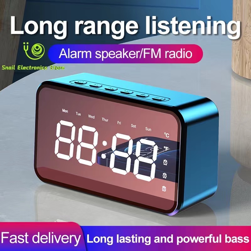 Speaker Bluetooth Alarm Clock LED Display Full Bass Stereo FM Radio Wireless Audio