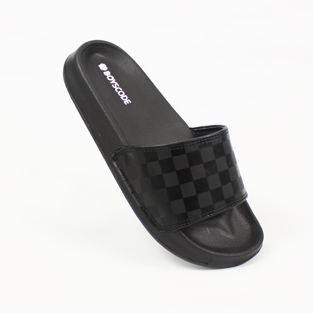 Sendal Slop Pria Wanita BOYSCODE Catur Hitam Fullblack / Slide Pria / Slip On Pria / Sendal Cowok / Sendal Cewek