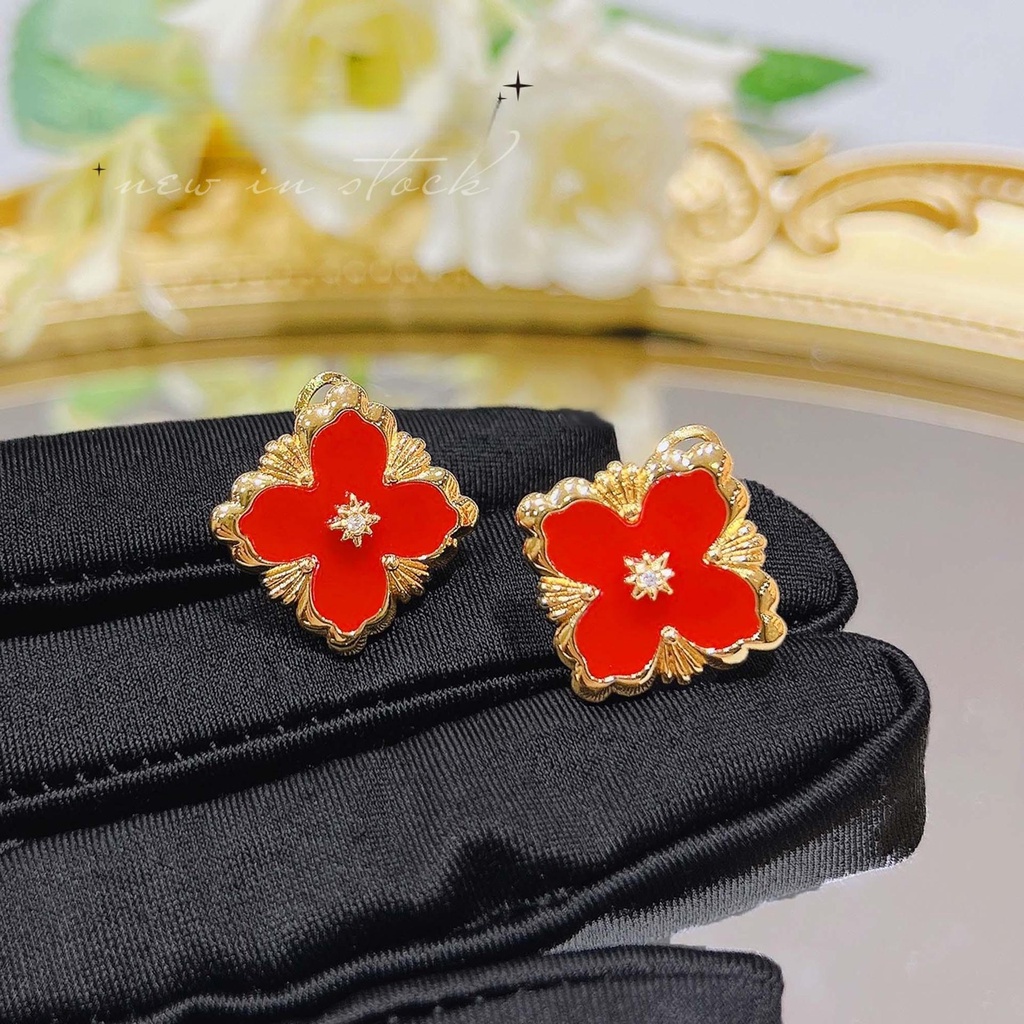 Goldkingdom Fashion Perhiasan Aksesoris Ready Stock Itali Burati Putih Fritillary Set French Vintage Four-leaf Clover Gelang Batu Akik Merah Kalung Cincin Telinga Giwang Perempuan