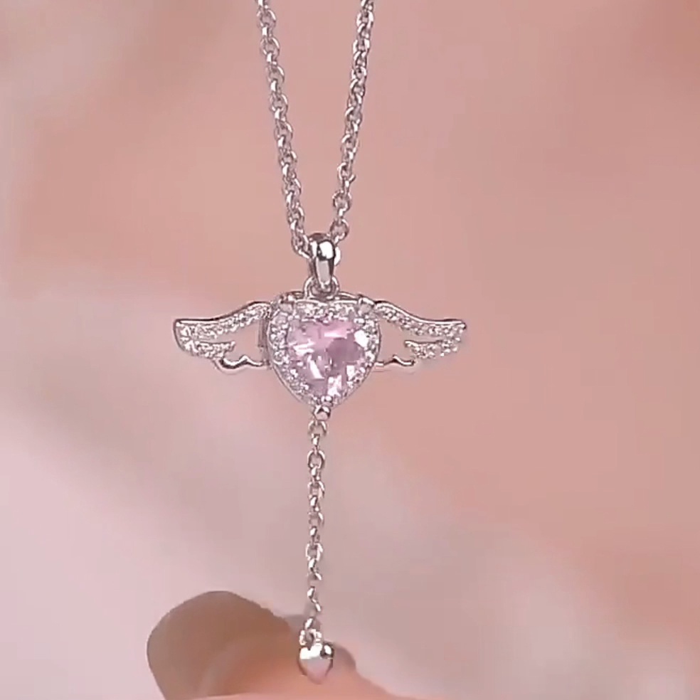 Kalung Rantai Permata Pink Mewah Untuk Wanita Elegan Zirkon Jantung Liontin Aksesoris Perhiasan