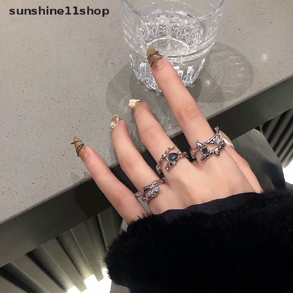 Sho Punk Irregular Rings Dengan Opal Aesthetic Egirl Hollow Vintage Stone Rings Untuk Wanita Y2k Open Ring Trendy Jewelry N