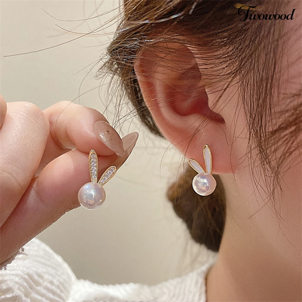 Twowood 1pasang Ear Studs Berlian Imitasi Bertatahkan Dainty Hadiah Hari Valentine High Gloss Faux Pearl Rabbit Kelinci Wanita Anting Perhiasan Fashion