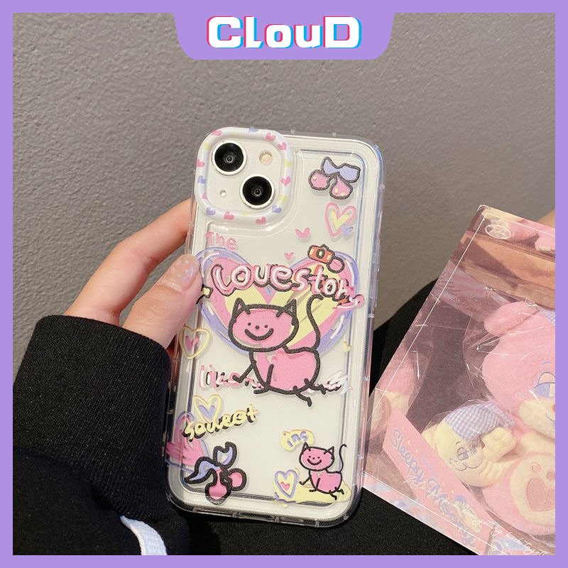 IPHONE Lucu Kartun Cinta Hati Kucing Ponsel Jernih Case Kompatibel Untuk Iphone11 13 12 14 Pro Max7 8 6s 6 Plus XR X XS Max SE 2020 Lembut Silicon TPU Airbag Shockproof Ins Graffiti Cover