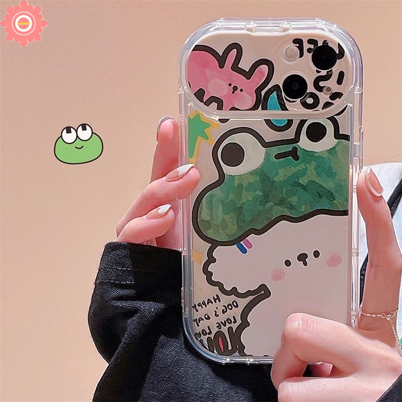 IPHONE Kreatif Flip Make Up Cermin Graffiti Case Kompatibel Untuk Iphone11 12 13 14 Pro MAX 7Plus 8Plus XR 14 Plus X XS MAX SE 2020 Lucu Kartun Hewan Kodok Anjing Kelinci Soft Case