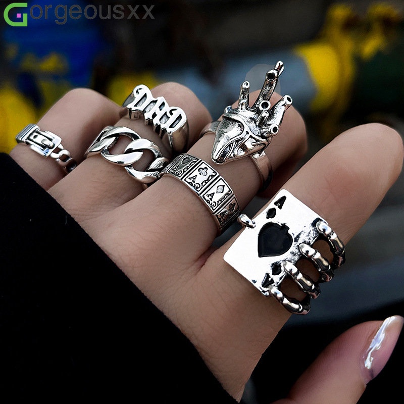 Gothic Punk Fashion Menetes Minyak Bermain Kartu Cincin Heteroseksual Jantung Geometris Rings Set Perhiasan Unisex Untuk Pria Wanita