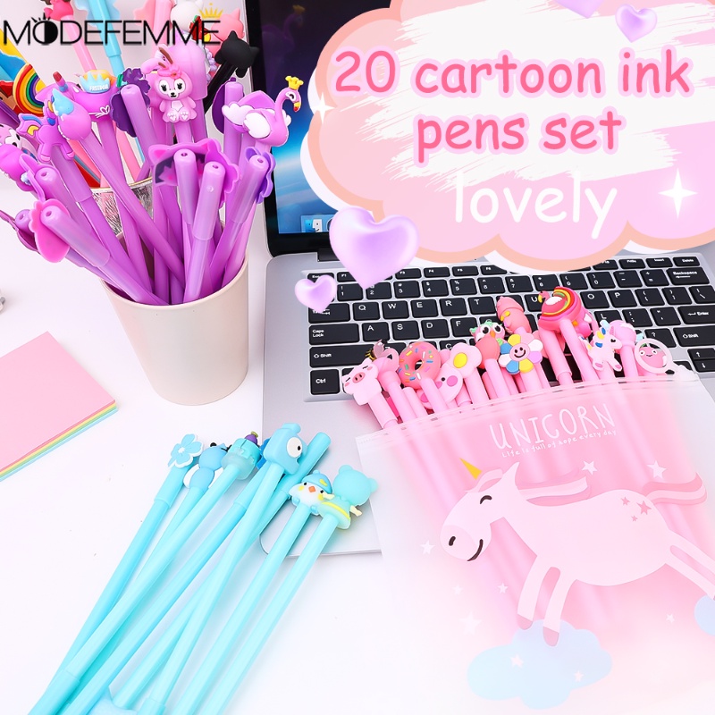 20pcs Tulisan Pena Netral Halus Dengan Tas Pulpen Gadis Lucu Pulpen Alat Tulis Kreatif Kartun Ujian Pena 0.5mm Tinta Hitam Tanda Tangan Pena Alat Highlight Siswa