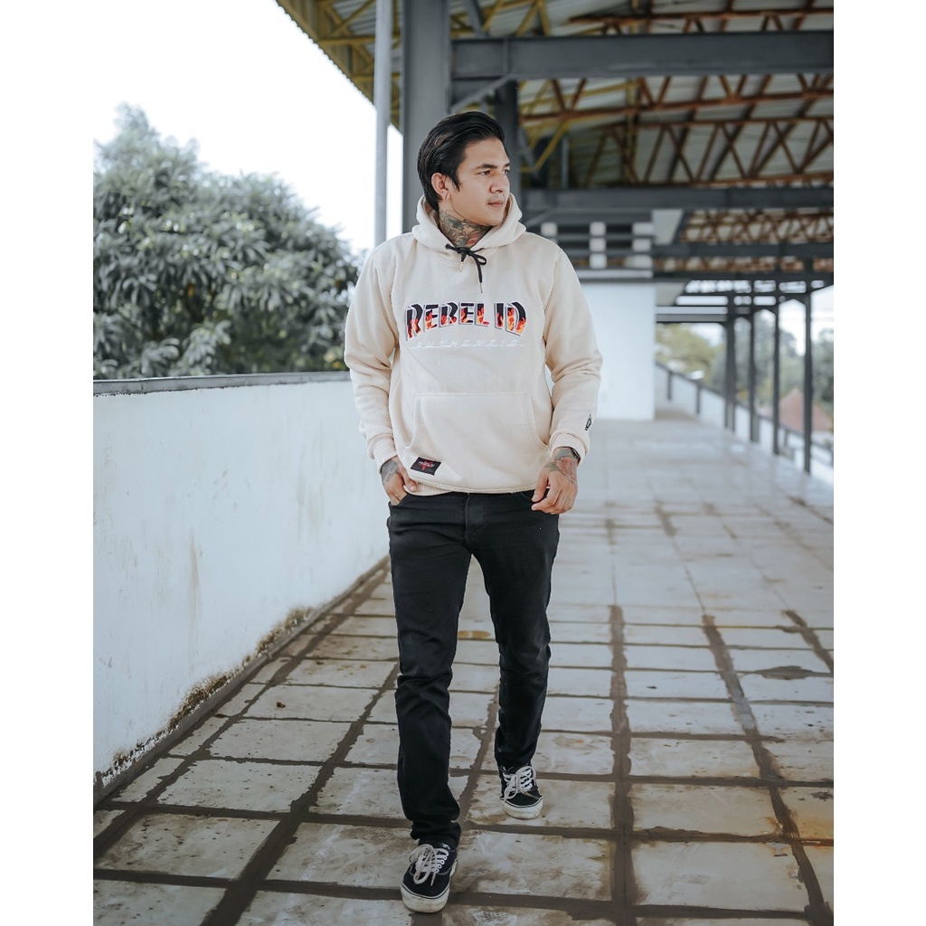 Sweater Hoodie Rebel Id Full Bordir Sweater Pria Cream