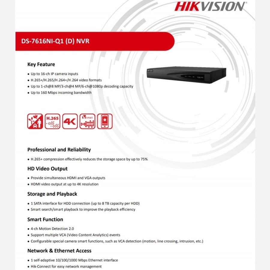 Hikvision DS-7616NI-Q1 NVR 16 Channel 4k Resolution