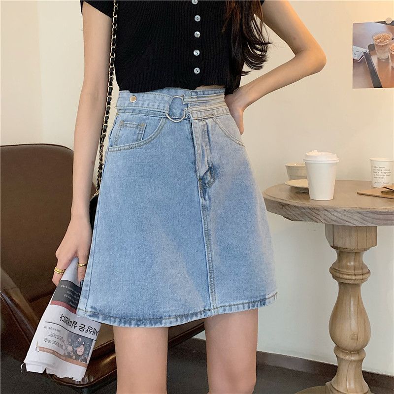 Biru Muda Rok Denim Rok Jeans Rok Pendek Fshion Wanita Pinggang Tinggi Skirt Korean Style Rok Vintage Simple