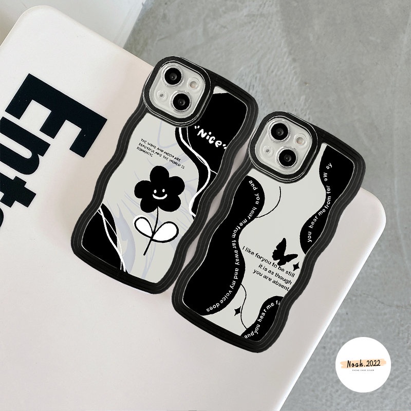 IPHONE Casing Retro Kupu-Kupu Kompatibel Untuk Iphone11 12 13 14 Pro Max7 6s 8 6 Plus XR X XS Max SE 2020 Vintage Shockproof Lembut Tpu Hitam Bunga Bergelombang Pinggiran Penutup Belakang