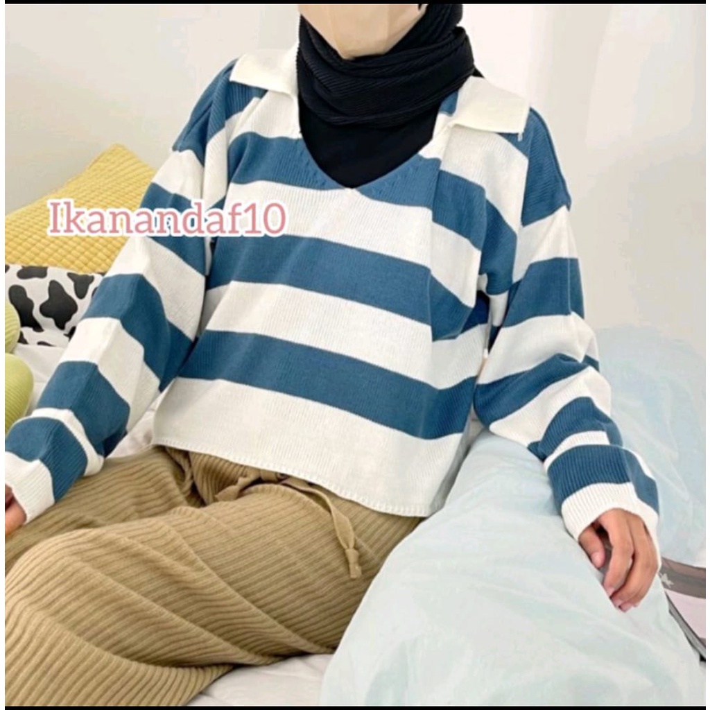 TOP WANITA / IKANAN STRIPE / KNIT RAJUT / LENGAN PANJANG / CROP / TERBARU