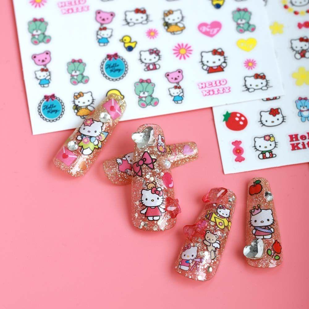 AUGUSTINA Agustina Kartun Stiker Kuku Lucu Perekat Diri Ikatan Simpul Manikur Aksesoris Merek Logo Nail Art Beruang Kitty Cat Nail Stickers