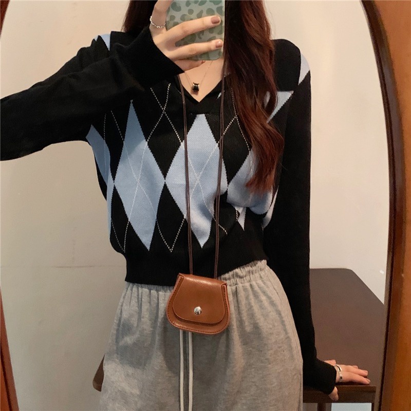 sweater rajut belah ketupat retro korea longgar wanita