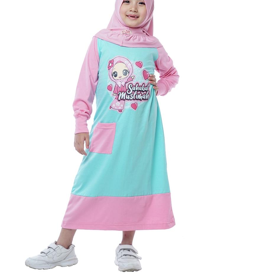 ➸ Dungdungkids Baju Gamis Kaos Anak Perempuan Muslimah Sahabat Muslimah Tosca Pink (Tanpa Jilbab) ✬