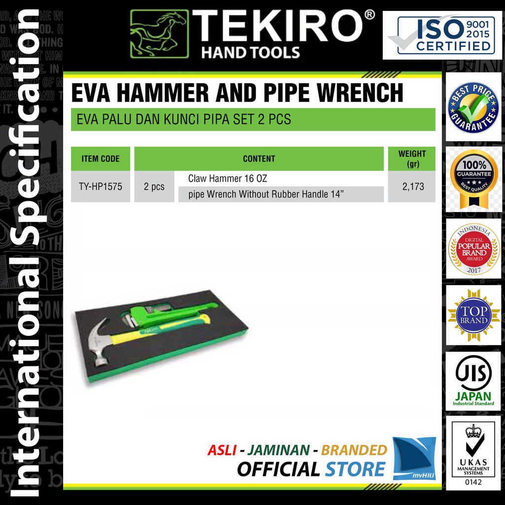 Kunci Palu dan Pipa Isi 2 pcs Perkakas Laci Kemasan EVA / Hammer and Pipe Wrench EVA Set TEKIRO