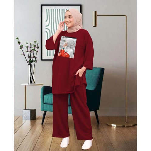 SETCEL OVERSIZE WANITA DTF HIJAB RED / SETELAN CELANA OVERSIZE LD 130CM