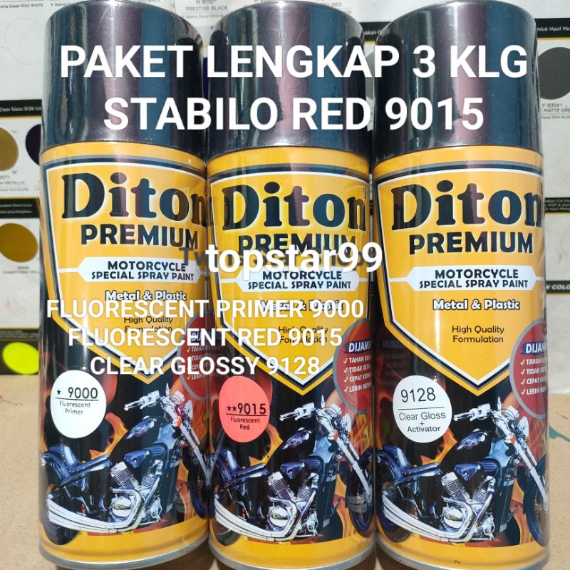 Diton Premium Paket Lengkap 3 Kaleng 400cc Merah Stabilo Fluorescent Red 9015 Fluorescent Primer 9000 Clear Glossy 9128 Pilox Pilok Cat Semprot Spray Paint