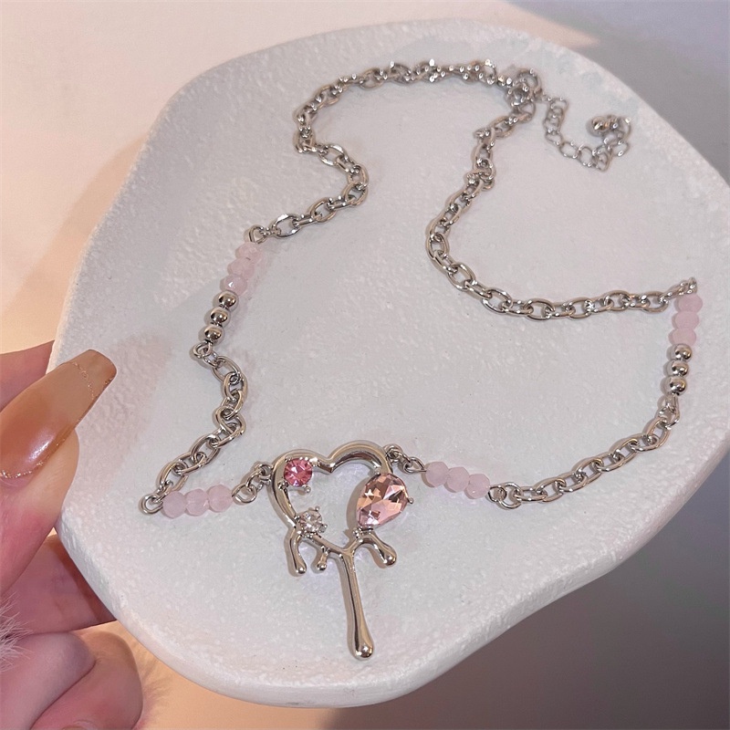 Kalung Liontin Hati Zircon Pink Manis Choker Rantai Silver Untuk Aksesoris Perhiasan Wanita