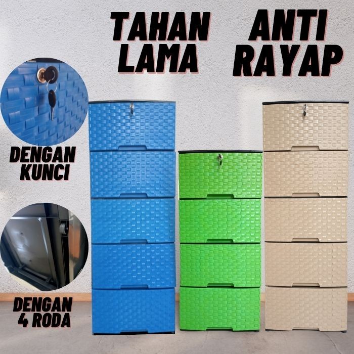Terlaris Laci Plastik Rotan Susun 5Laci Pakaian Rotan Serbaguna Murah