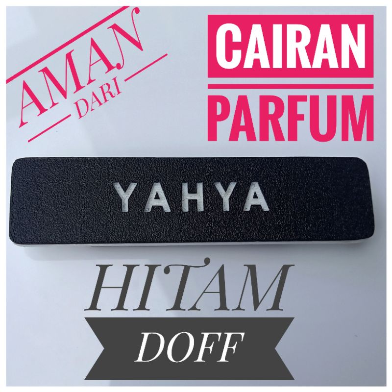 Name Tag Hitam Doff Style KULIT JERUK, UKIR / Gravir - Pengait Magnet Terkuat - TAHAN AMAN DARI CAIRAN SEMPROTAN PARFUM