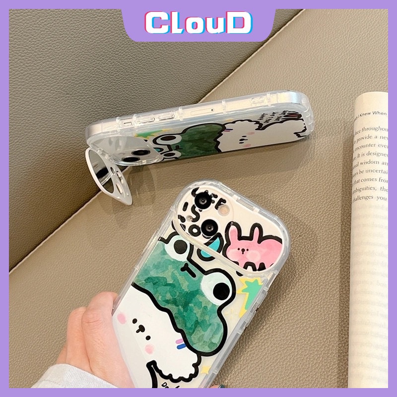 IPHONE Kartun Kelinci Flip Make Up Mirror Case Kompatibel Untuk Iphone7 8 Plus 11 Pro Max XR X XS Max 13 11 12 14 Pro Max SE 2020 Graffiti Hewan Lucu Kodok Anjing Soft Case