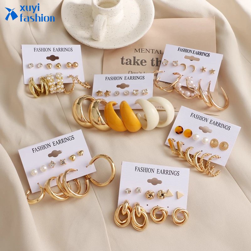 Retro Emas Perak Stud Earring Set Untuk Wanita Resin Kristal Mutiara Twist Hoop Earrings Dropping Oil Butterfly Heart Drop Earing Jewelry Aksesoris Fashion