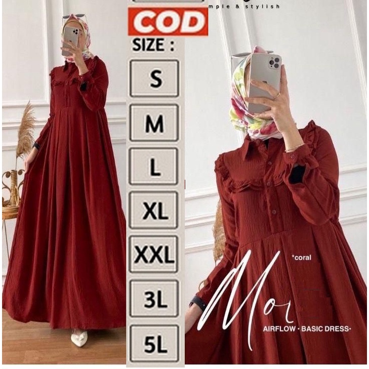 Gamis Basic / Dress Travelling Hari Raya Jumbo Warna Merah Coral Bata Simpel Polos Kekinian Premium 